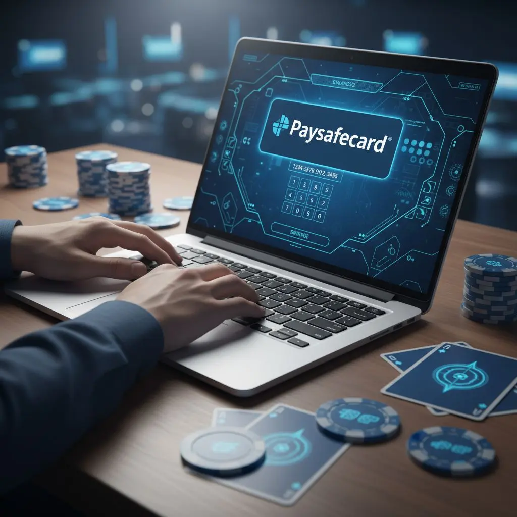 Hráč zadává Paysafecard PIN v online kasinu, symbol bezpečnosti a anonymity